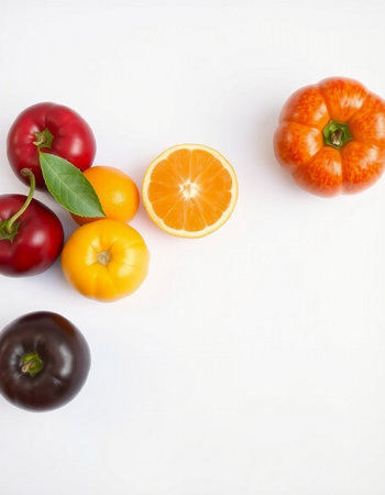 Fresh fruits and vegetables on white background. Top view. Flat lay.の写真素材
