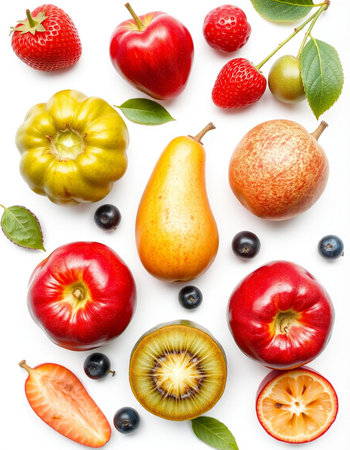 Fresh fruits isolated on white background. Top view. Flat lay pattern