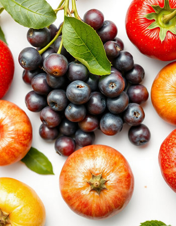 Fresh fruits and vegetables on a white background. Healthy food concept.の写真素材