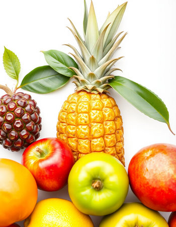 Fresh fruits isolated on white background. Pineapple, apples, oranges, lemonsの写真素材