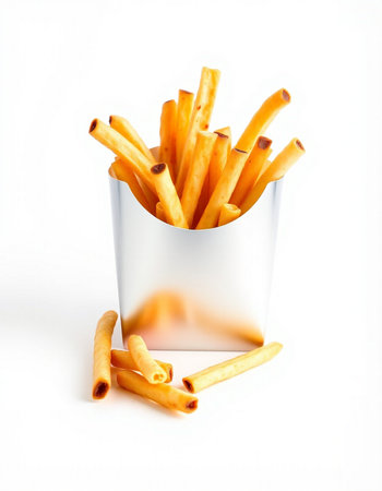 French fries in paper box isolated on white background. Selective focus.