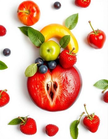 Healthy food concept. Fresh fruits and vegetables on white background.