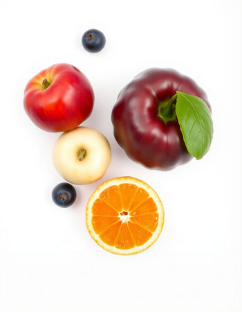 Fruits and vegetables isolated on a white background. Top view.の写真素材