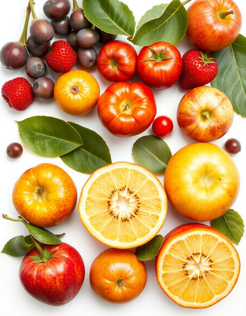 Fruits and berries on a white background. Flat lay, top viewの写真素材