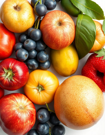 Composition with fruits and vegetables on white background, top view.