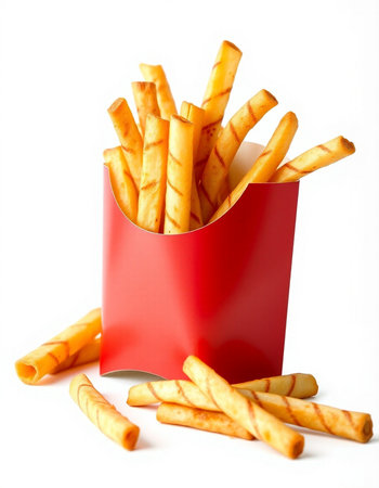 French fries in a red box on a white background, isolated.