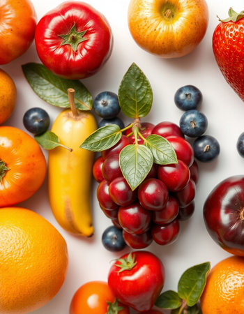 Fruits and vegetables on a white background. View from above.