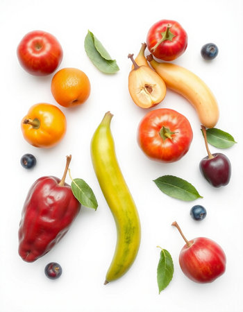 Fresh fruits and vegetables isolated on white background. Healthy food concept.の写真素材