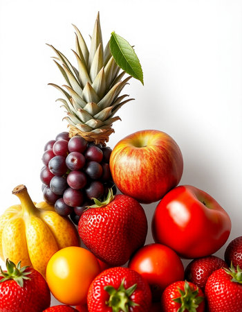 Fresh fruits and vegetables isolated on white background. Healthy food concept.