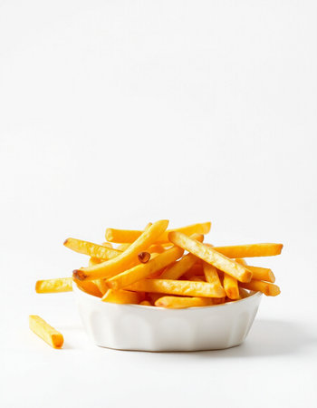 Golden French fries potatoes in white bowl on white background with copy space