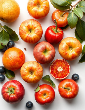 Fruits and berries on a white background. Flat lay, top view