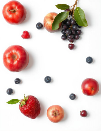 Fruits on a white background. Berries, apples, blueberries and strawberries.の写真素材