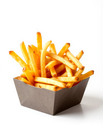 French fries in a paper box isolated on white background. Selective focus.