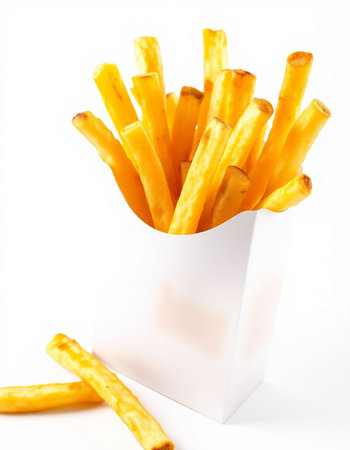 French fries in a white box on a white background. Isolated