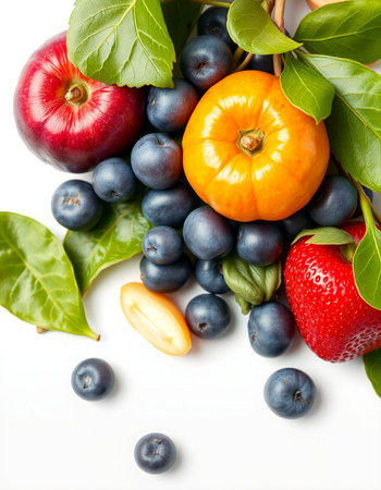 Fresh fruits and vegetables on a white background. Healthy food concept.の写真素材