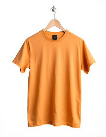 Orange t-shirt on a hanger isolated on white background.