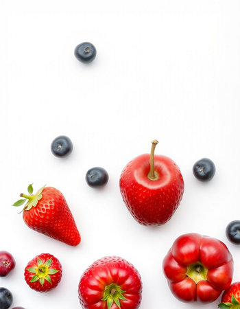 Fresh fruits and berries on white background. Top view. Flat layの写真素材
