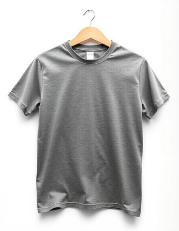 Grey t-shirt on a hanger on a white background.
