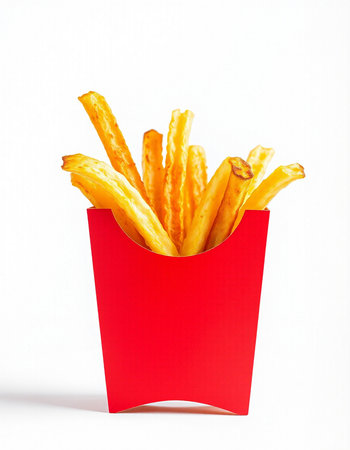 French fries in red box isolated on white background. Fast food.