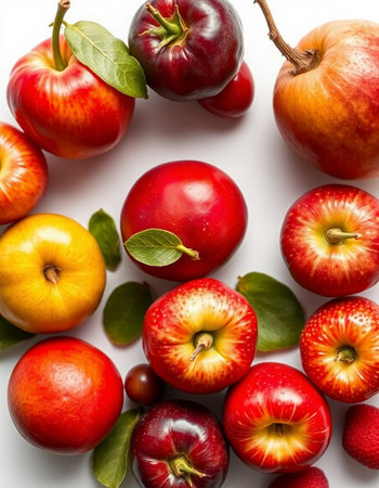 Fresh apples and plums on a white background. Healthy food.