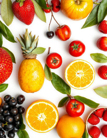 Fruits and berries isolated on white background. Flat lay, top viewの写真素材