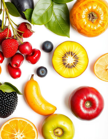 Fruits and berries isolated on white background. Flat lay, top view