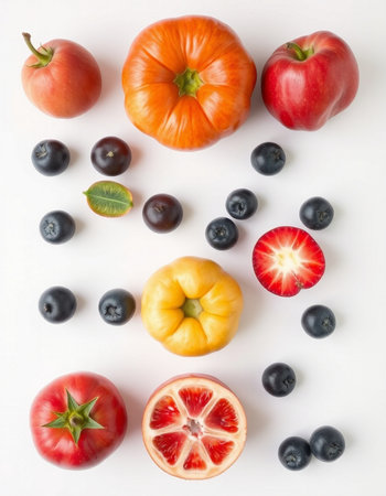 Colorful fruits and vegetables on a white background. Top view.の写真素材