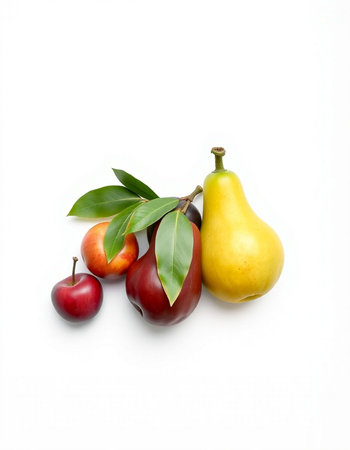 Fruits isolated on white background. Pears, pears and plumsの写真素材