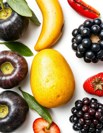 Fruits and berries isolated on a white background. Top view.の写真素材