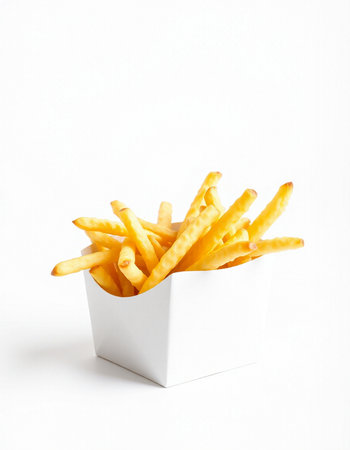 French fries in a white box on a white background. Close-up.
