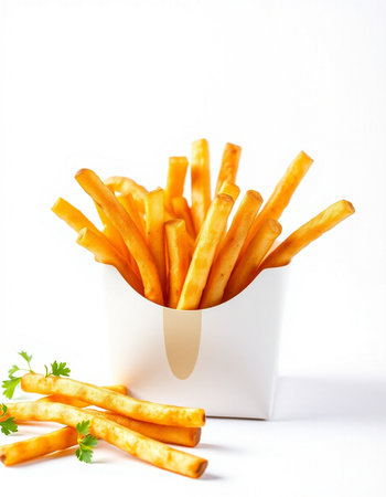 French fries in a white box on a white background with parsley