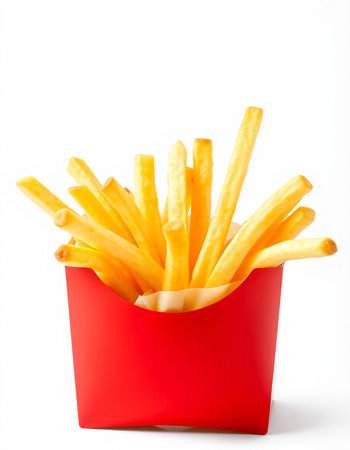 French fries in a red box on a white background. Isolated