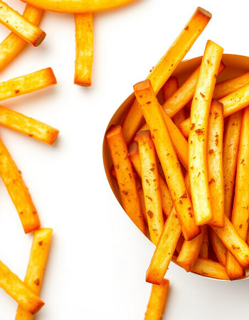 close up of rustic french fries on white background with copy space
