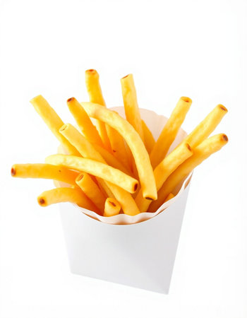 French fries in a paper box isolated on white background. Selective focus.