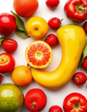 Fruits and vegetables on a white background. View from above.