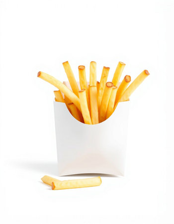 French fries in a paper box on a white background. Isolated