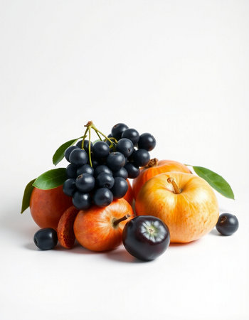 Autumn still life with pumpkins, grapes and apples on white backgroundの写真素材