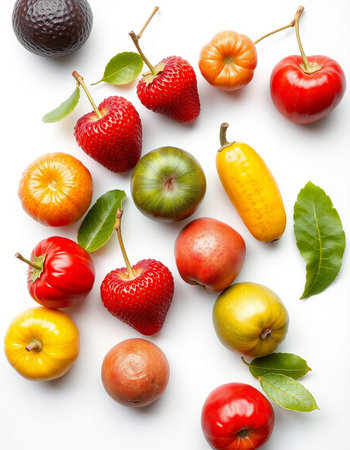 Fruits and vegetables isolated on white background. Flat lay, top viewの写真素材