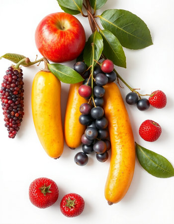 Fruits and berries on a white background. Healthy food concept.