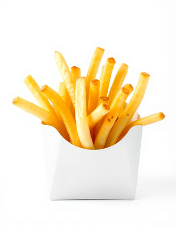 French fries in a white box isolated on white background. Close up.