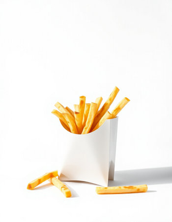 French fries in a white paper box on a white background. Fast food.