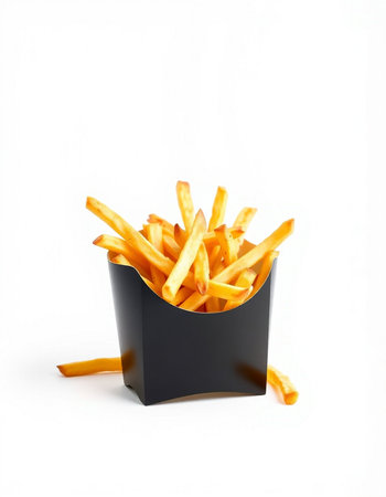 French fries in a black box on a white background. Isolatedの写真素材