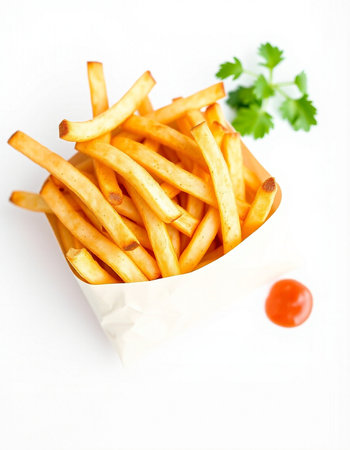 French fries in paper box with tomato and parsley on white background