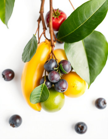 Fruits and vegetables on a white background. View from above.