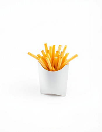 French fries in paper box isolated on white background. Fast food concept.