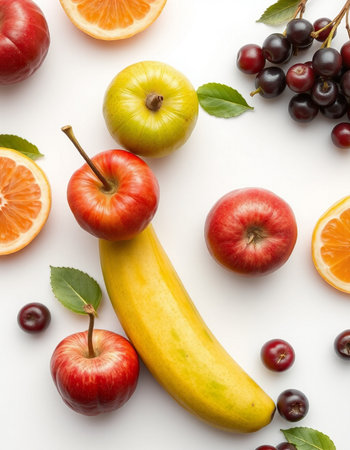 Fruits and berries on white background. Flat lay, top view