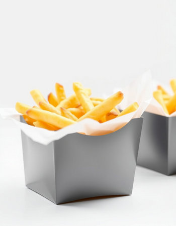French fries in paper box on white background. Selective focus.の写真素材