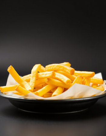 Golden French fries potatoes in a bowl on a black background with copy spaceの写真素材