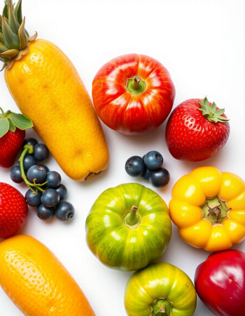 Fresh fruits and vegetables isolated on white background. Healthy food concept.の写真素材