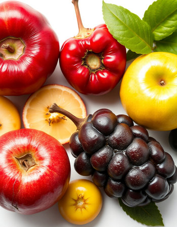 Fruits and vegetables isolated on a white background. Top view.の写真素材